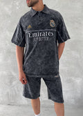 Washed Club Spirit Men's Polo & Shorts Set – Vintage Black & Gold Streetwear Style