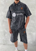 Washed Spirit Men's Polo & Shorts Set – Retro Grey Clubwear with Contrast Stitching